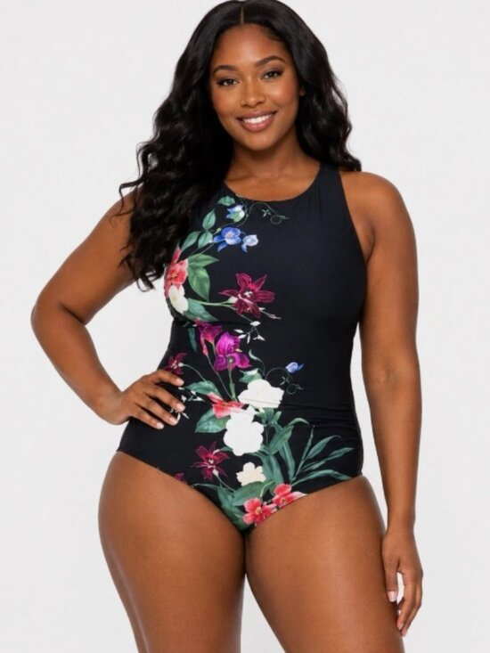 Jantzen Other - Jantzen Floral Fantasy Layla Black Floral Cross Back Swimsuit 14